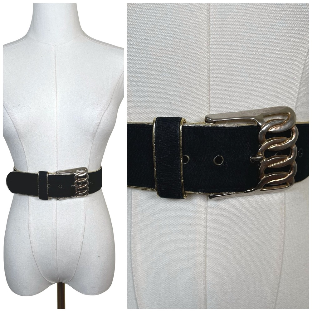 Georgiou Vintage Wide Waist Belt XL Black Gold Metallic Chain Buckle 80s